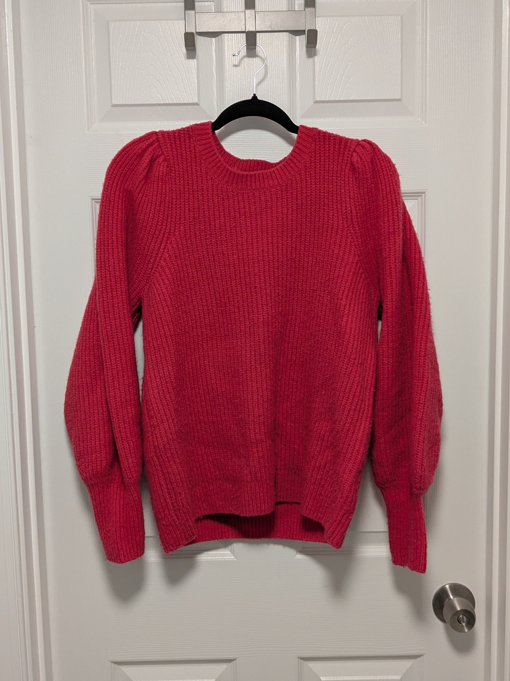 Vince Camuto Bright Red Ribbed Puff-Sleeve Crewneck Sweater